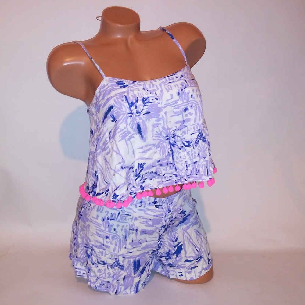 Lilly Pulitzer 2 Piece Set Women Size 0 Crop Top & Shorts Frannie Blue White